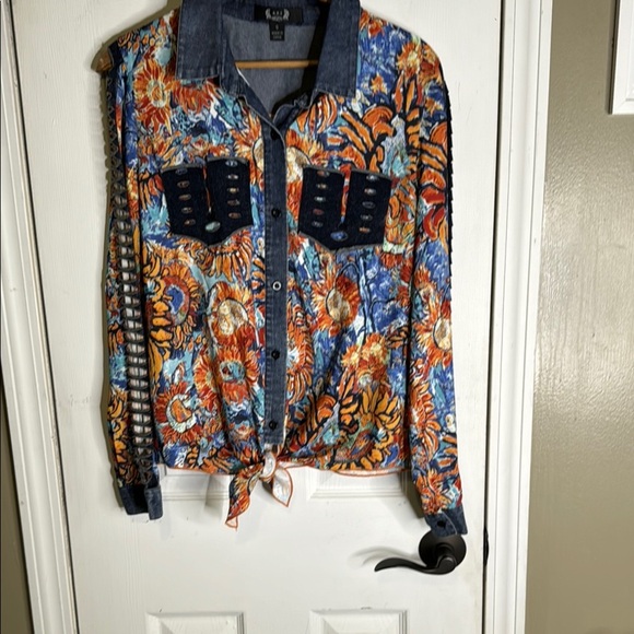 Colorful Floral Button Down Shirt Denim Trim Cutout Sleeves Size Small - Picture 1 of 10